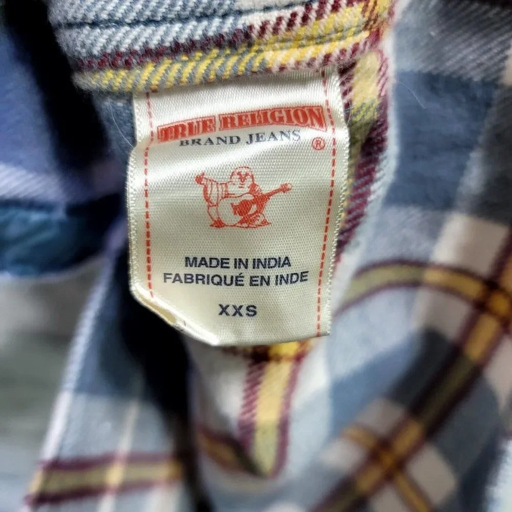 True Religion Mens XXS Indigo Grey Plaid Cotton Flannel Button Front Shirt‎